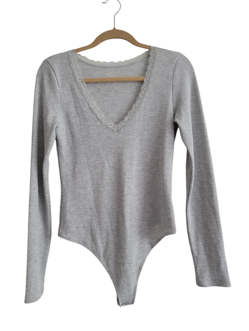 American Eagle Waffle Thermal Bodysuit Long Sleeve Light Gray Lace Trim Large
